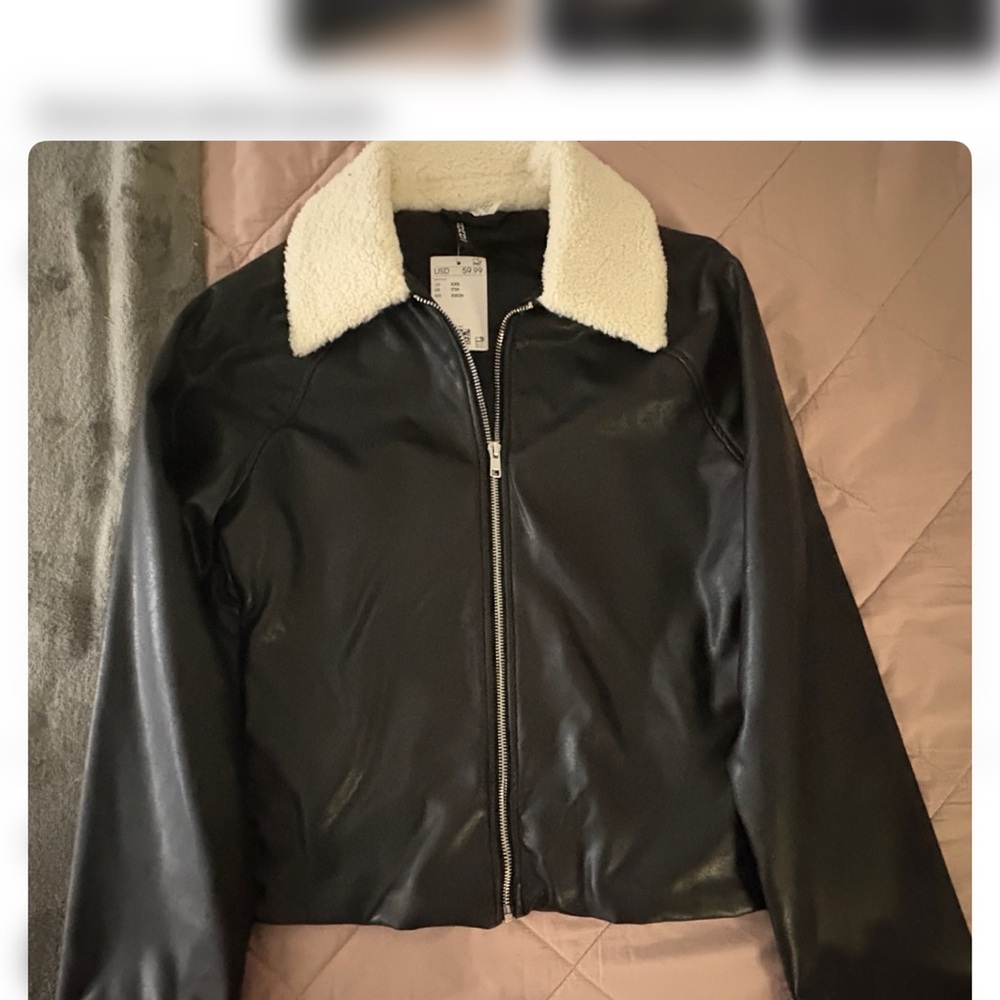 H&M Black Leather Jacket with White Collar